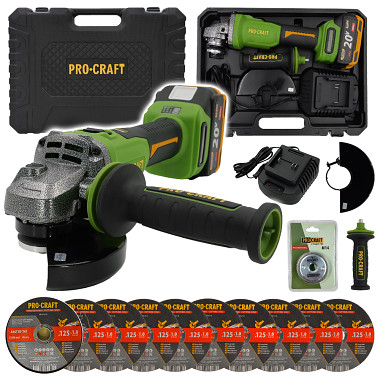 Bruska úhlová Procraft PWA220 + rychloupínací matice, 10x řezný kotouč CD125x1.0b v kovovém boxu  S